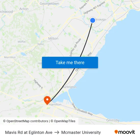 Mavis Rd at Eglinton Ave to Mcmaster University map