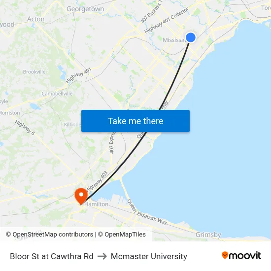 Bloor St at Cawthra Rd to Mcmaster University map