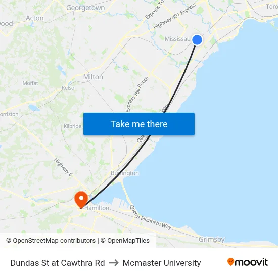 Dundas St at Cawthra Rd to Mcmaster University map