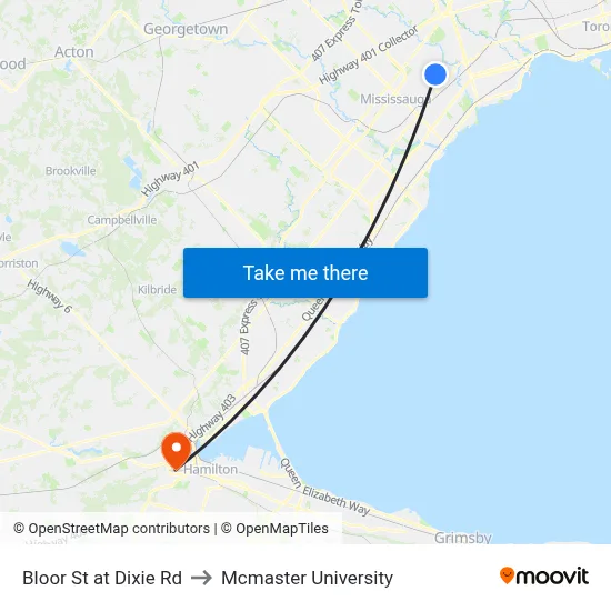 Bloor St at Dixie Rd to Mcmaster University map