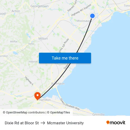 Dixie Rd at Bloor St to Mcmaster University map