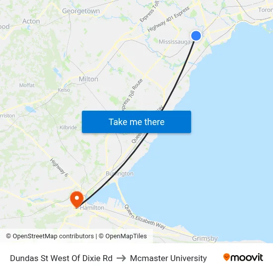 Dundas St West Of Dixie Rd to Mcmaster University map