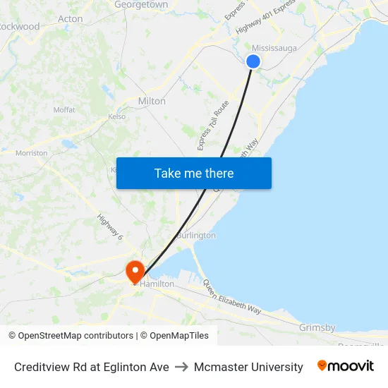 Creditview Rd at Eglinton Ave to Mcmaster University map