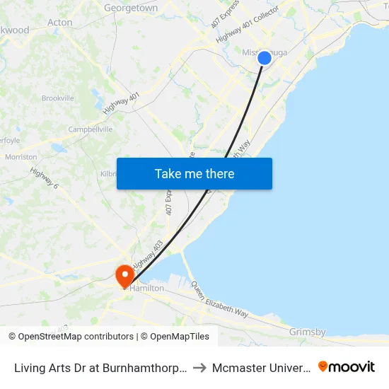 Living Arts Dr at Burnhamthorpe Rd to Mcmaster University map
