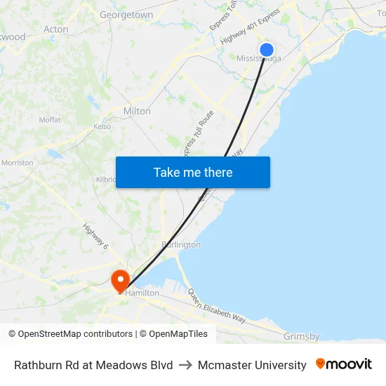 Rathburn Rd at Meadows Blvd to Mcmaster University map