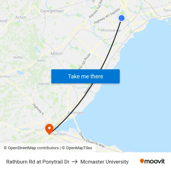 Rathburn Rd at Ponytrail Dr to Mcmaster University map
