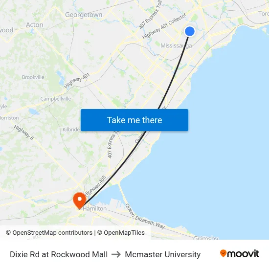 Dixie Rd at Rockwood Mall to Mcmaster University map
