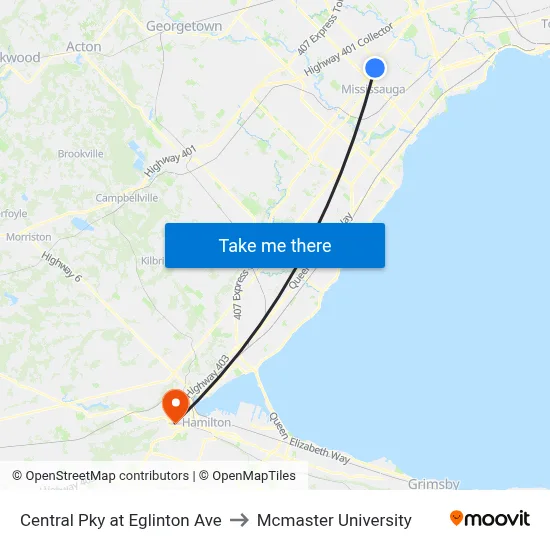 Central Pky at Eglinton Ave to Mcmaster University map