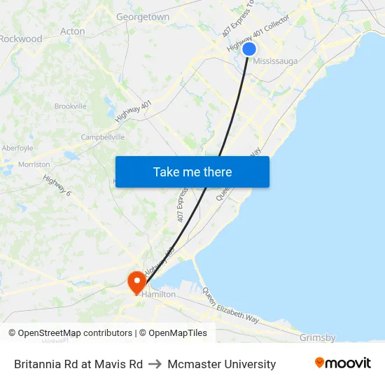 Britannia Rd at Mavis Rd to Mcmaster University map