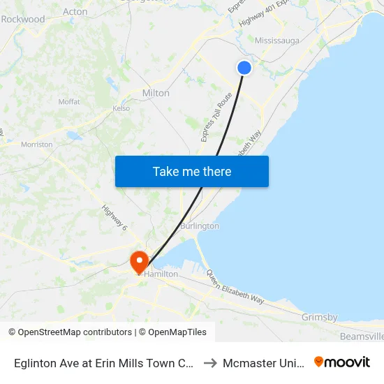 Eglinton Ave at Erin Mills Town Centre South to Mcmaster University map