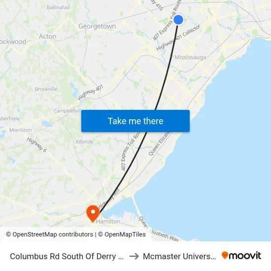 Columbus Rd South Of Derry Rd to Mcmaster University map