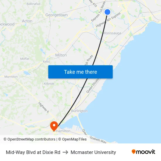 Mid-Way Blvd at Dixie Rd to Mcmaster University map