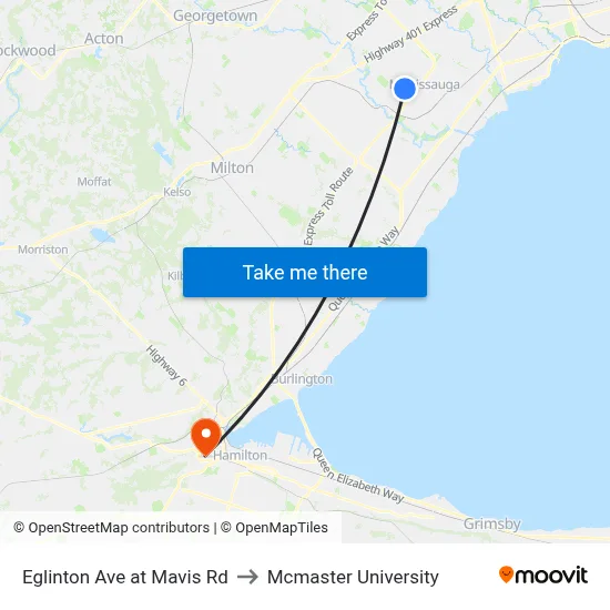 Eglinton Ave at Mavis Rd to Mcmaster University map