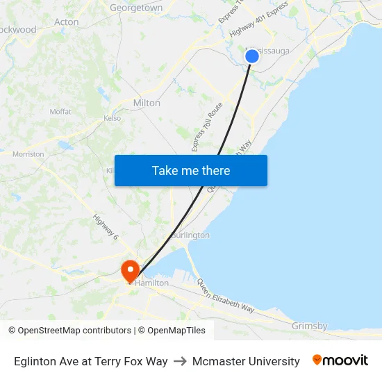 Eglinton Ave at Terry Fox Way to Mcmaster University map