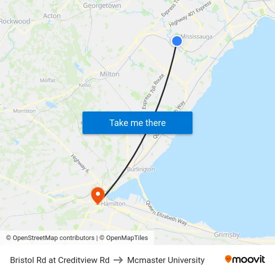 Bristol Rd at Creditview Rd to Mcmaster University map