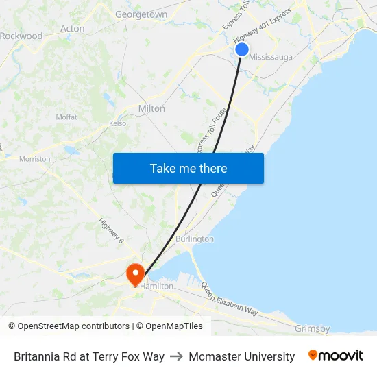 Britannia Rd at Terry Fox Way to Mcmaster University map