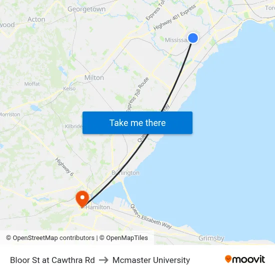 Bloor St at Cawthra Rd to Mcmaster University map