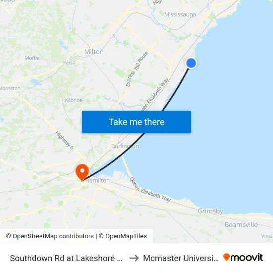 Southdown Rd at Lakeshore Rd to Mcmaster University map
