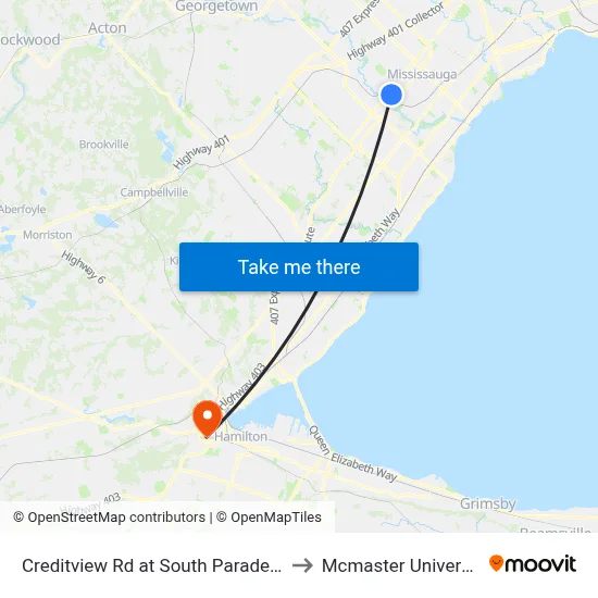 Creditview Rd at South Parade Crt to Mcmaster University map