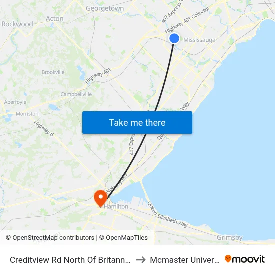 Creditview Rd North Of Britannia Rd to Mcmaster University map