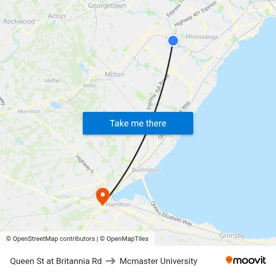 Queen St at Britannia Rd to Mcmaster University map