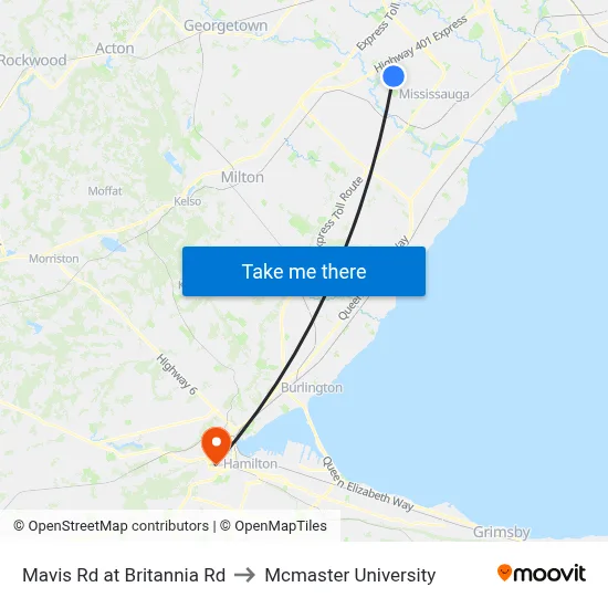 Mavis Rd at Britannia Rd to Mcmaster University map