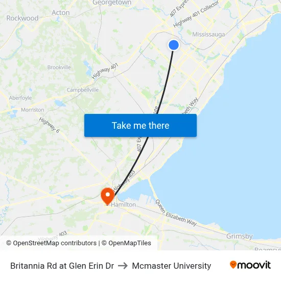 Britannia Rd at Glen Erin Dr to Mcmaster University map