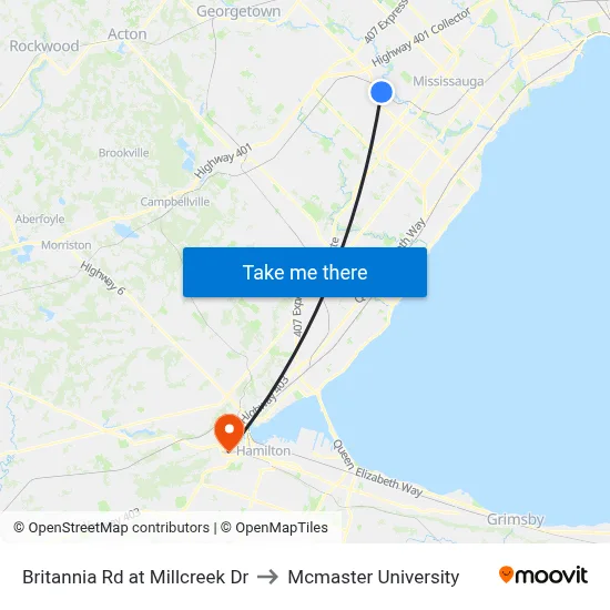 Britannia Rd at Millcreek Dr to Mcmaster University map