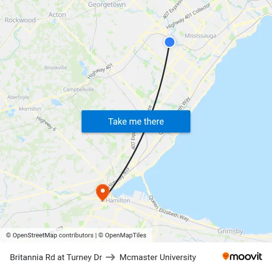 Britannia Rd at Turney Dr to Mcmaster University map