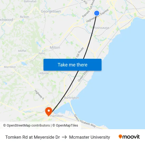 Tomken Rd at Meyerside Dr to Mcmaster University map