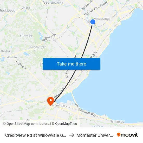 Creditview Rd at Willowvale Gdns to Mcmaster University map