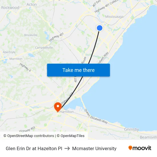 Glen Erin Dr at Hazelton Pl to Mcmaster University map