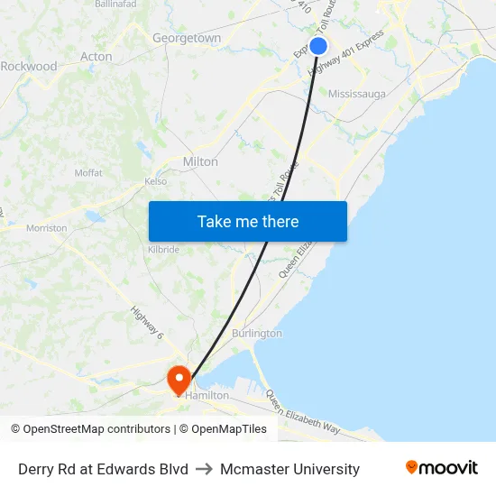 Derry Rd at Edwards Blvd to Mcmaster University map