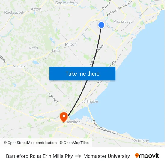 Battleford Rd at Erin Mills Pky to Mcmaster University map