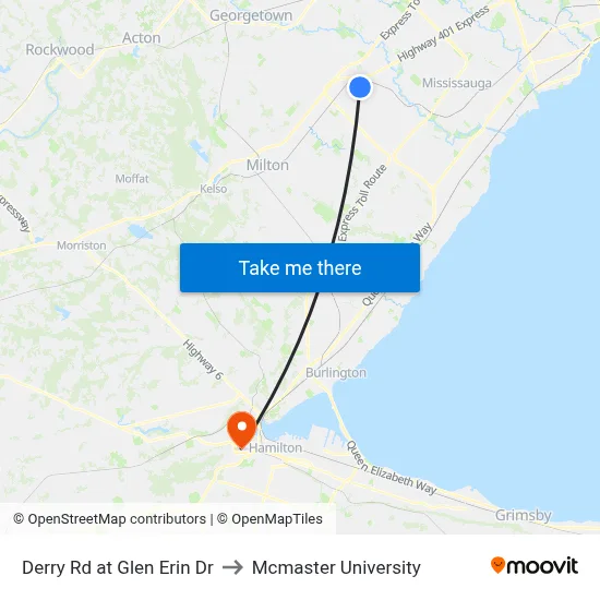 Derry Rd at Glen Erin Dr to Mcmaster University map