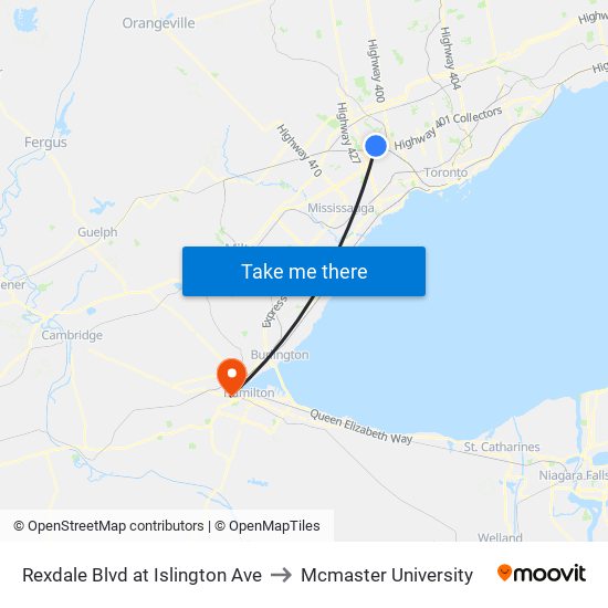 Rexdale Blvd at Islington Ave to Mcmaster University map