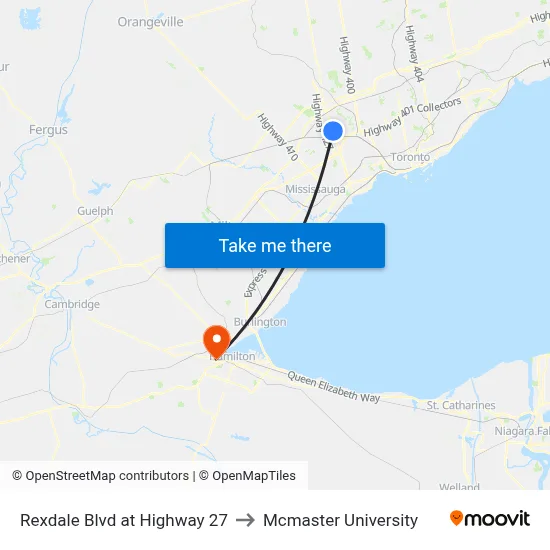 Rexdale Blvd at Highway 27 to Mcmaster University map