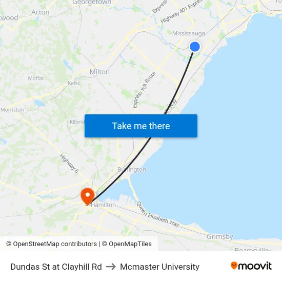 Dundas St at Clayhill Rd to Mcmaster University map