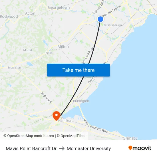 Mavis Rd at Bancroft Dr to Mcmaster University map