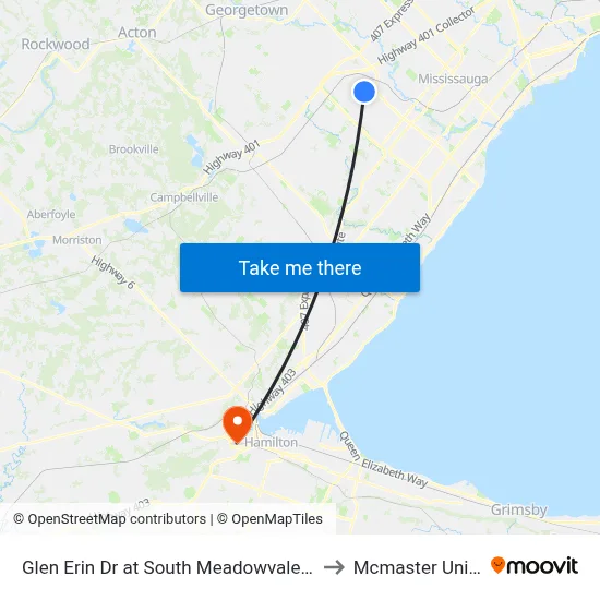 Glen Erin Dr at South Meadowvale Town Ctr Cir to Mcmaster University map