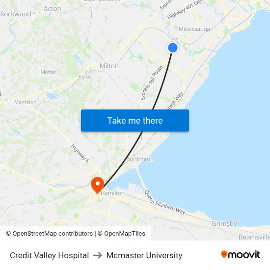 Credit Valley Hospital to Mcmaster University map