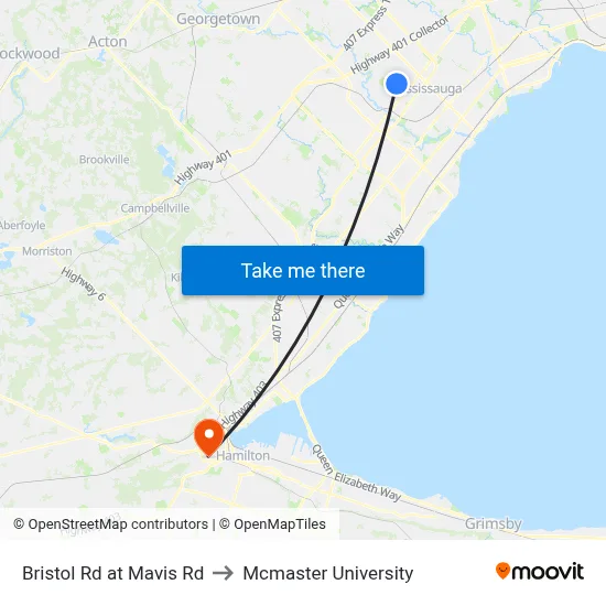 Bristol Rd at Mavis Rd to Mcmaster University map