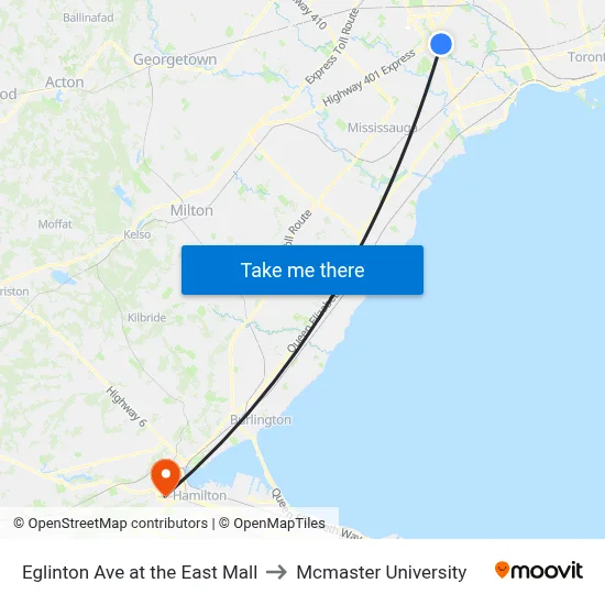 Eglinton Ave at the East Mall to Mcmaster University map