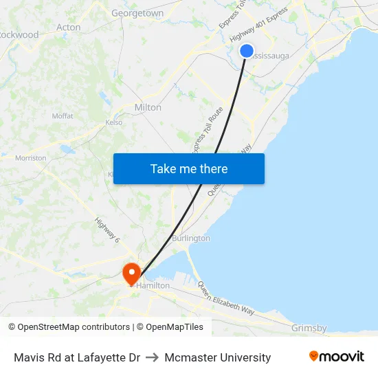 Mavis Rd at Lafayette Dr to Mcmaster University map