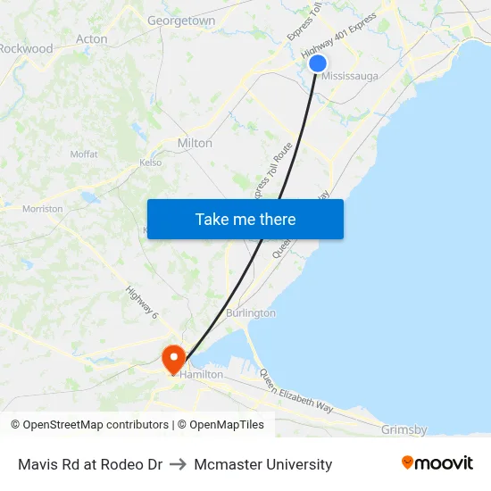 Mavis Rd at Rodeo Dr to Mcmaster University map