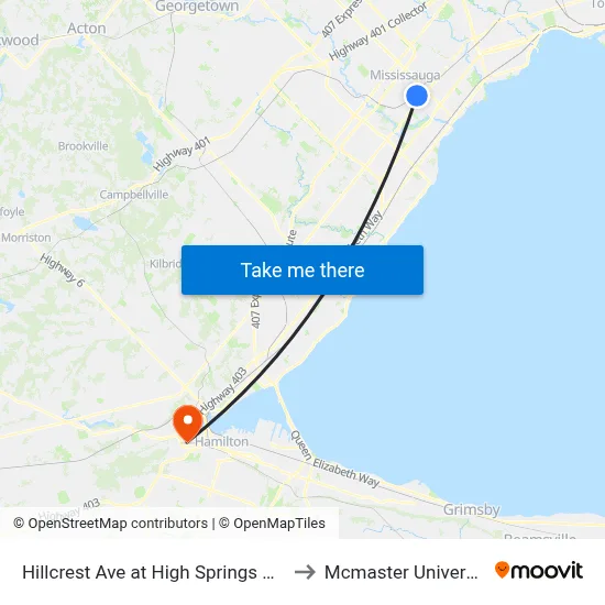 Hillcrest Ave at High Springs Cres to Mcmaster University map