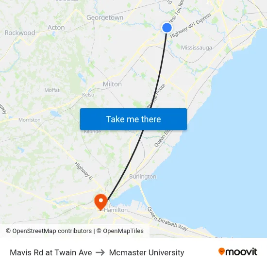 Mavis Rd at Twain Ave to Mcmaster University map