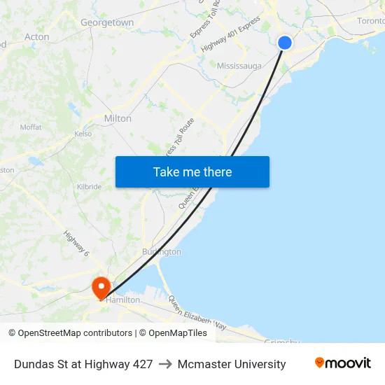 Dundas St at Highway 427 to Mcmaster University map