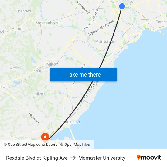 Rexdale Blvd at Kipling Ave to Mcmaster University map