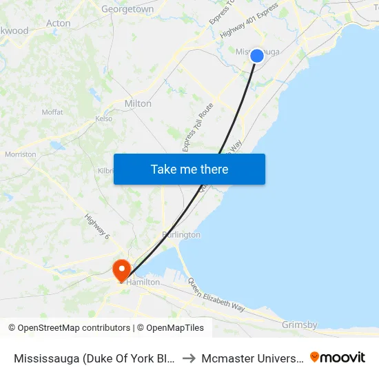 Mississauga (Duke Of York Blvd) to Mcmaster University map